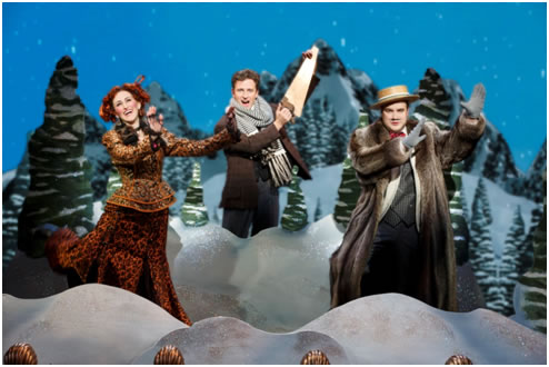 L-r Miss Barley (LESLEY MCKINELL, Monty Navarro (KEVIN MASSEY) and Henry D’Ysquith (JOHN RAPSON  ice skating at a resort.